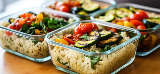 Four containers of salad being meal prepped